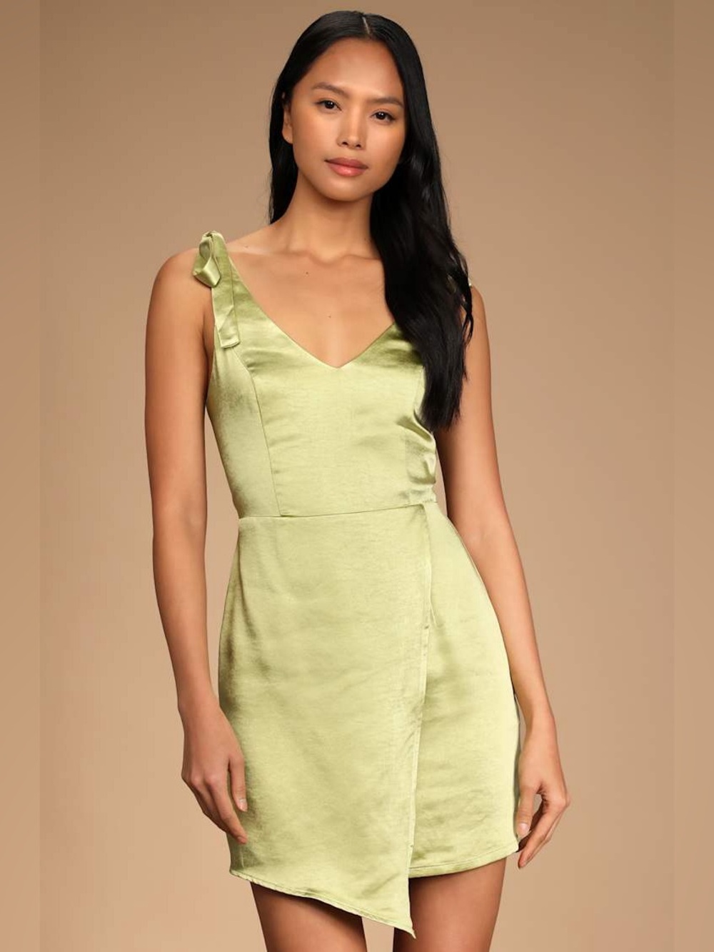 Lulus Green Satin Asymmetric Hem Tie Strap Dress Size L Homecoming Elegant Event